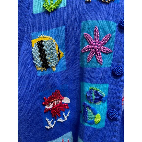 VTG Michael Simon y2k Ocean Aquarium Wearable Art Cardigan Sweater 2X Blue Fish - Picture 8 of 13